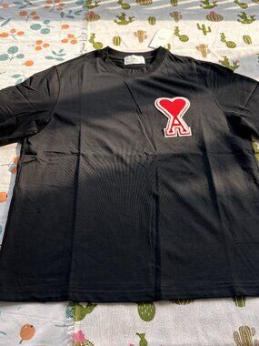 Ami Paris Black Short-Sleeved T-Shirt With Red Heart And A Embroidery.